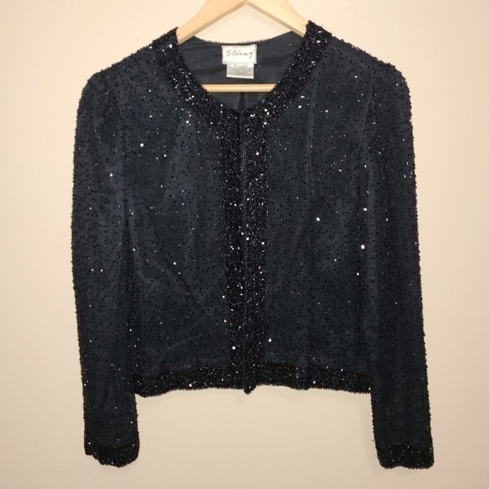 Vintage Stenay Black Silk Glitzy Sparkly Cardigan Sweater